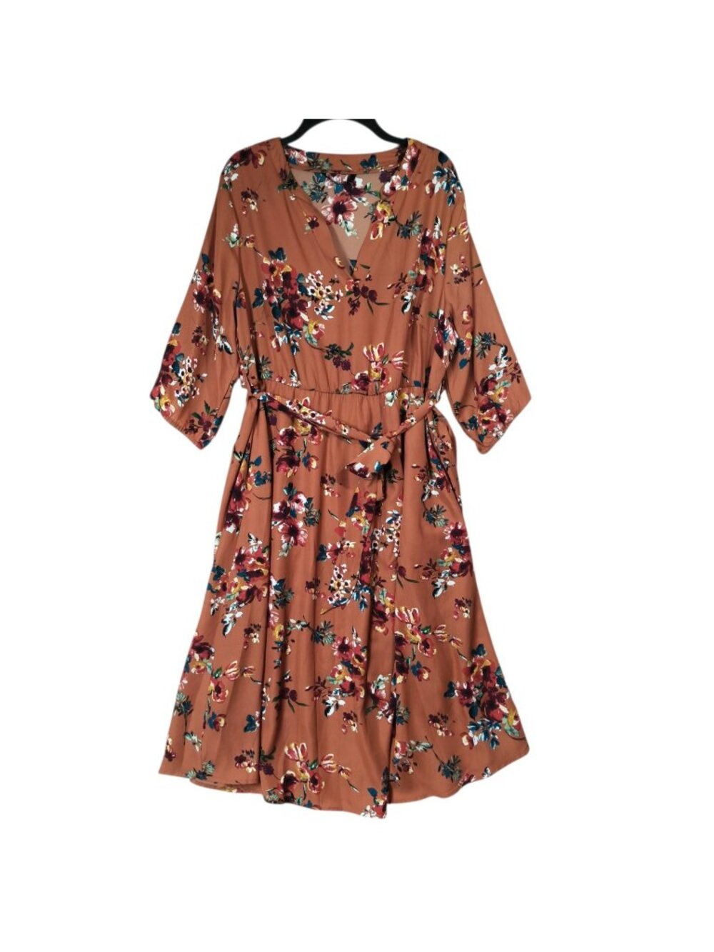 Bloomchic Floral Print Mini Dress V-Neck Tie Belt 3/4 Sleeves Women's 14-16